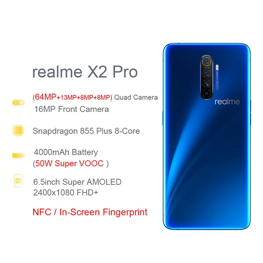 Европейская версия OPPO Realme X2 pro (RMX1931) 6 5 ”64 мп Snapdragon 855 plus Super AMOLED NFC 50 Вт SuperVOOC 4000 мАч 4