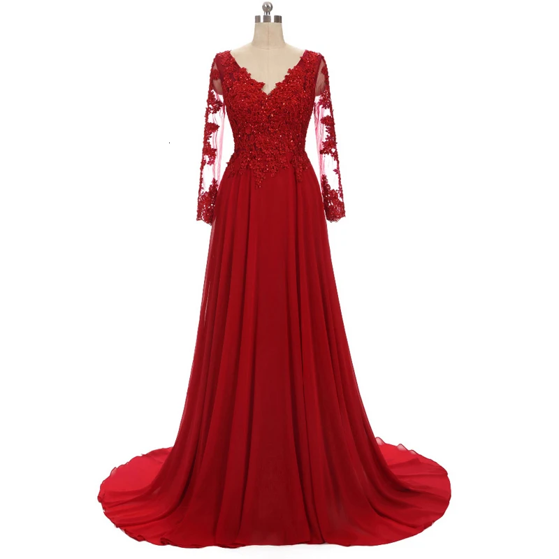 Женское шифоновое платье с кружевной аппликацией и длинным рукавом|Вечерние