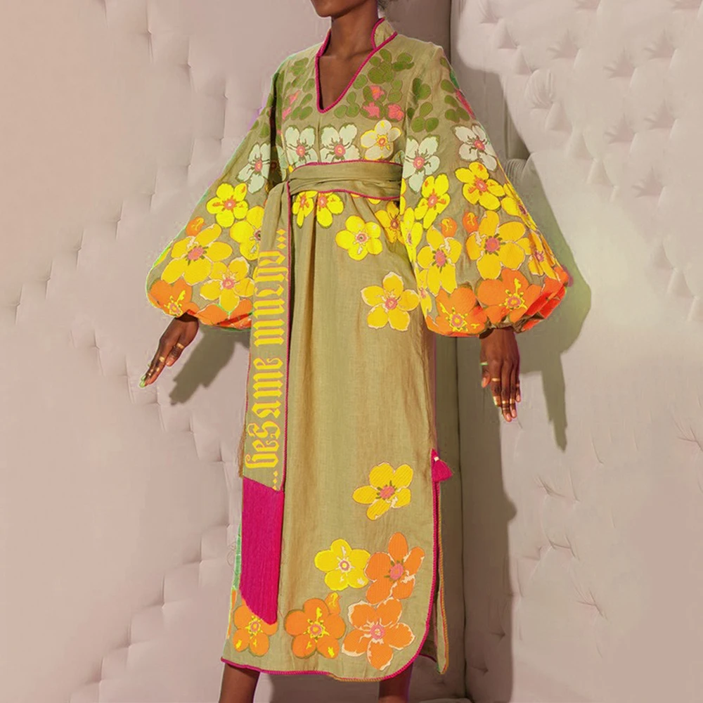 Винтажное длинное платье с цветочным принтом женские повседневные свободные