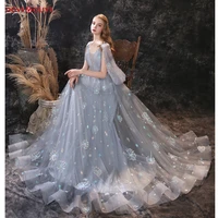 prom dresses 2020 lace gray pattern sequined with cape long floor length a line formal dress women elegant evening gowns stock