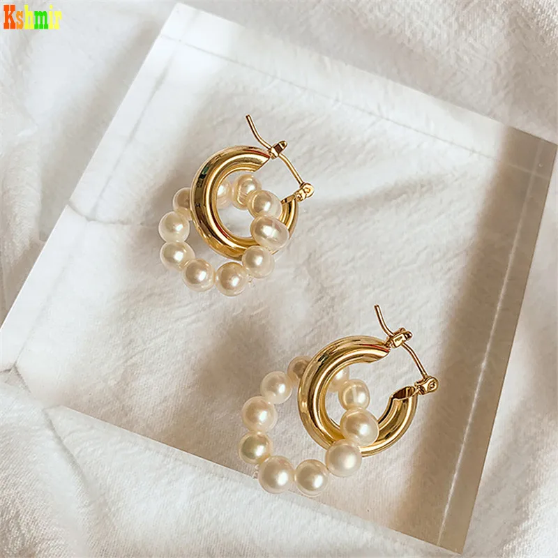 Kshmir Freshwater Pearl Earrings Simple Retro Temperament Round Metallic Pearl Earrings Decorated with Women's Earrings Jewelry