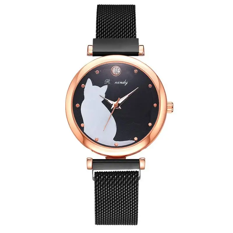 

Women Watches Mesh Strap Fashion Female Quartz Wristwatches Diamond Surface Kitten Watch Drop Shipping Magnet Buckle Steel 10mm