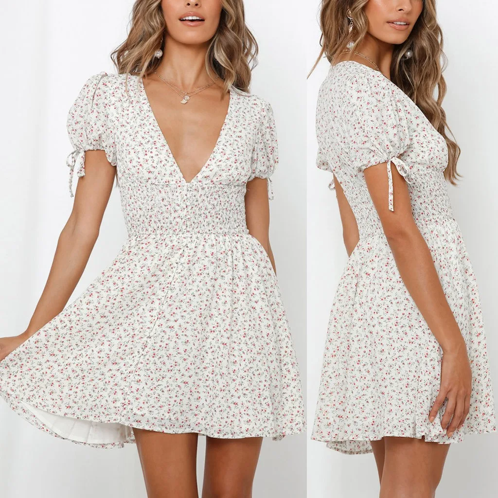 Платье с цветочным принтом женское пляжное мини платье v образным вырезом и
