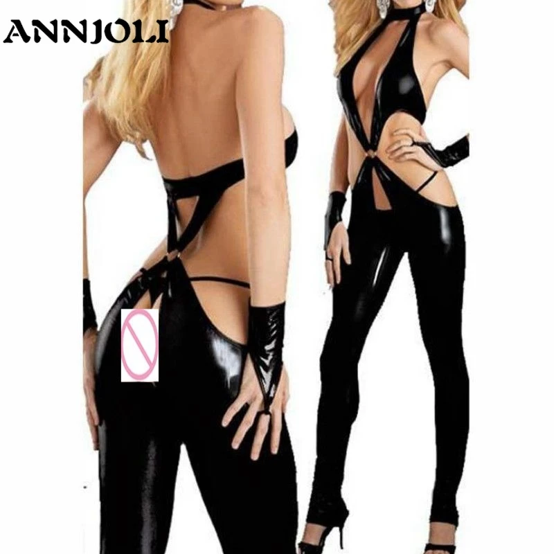 ANNJOLI сексуальный wetlook Костюм Кошки из ПВХ латекс боди открытая промежность Клубная одежда, Фетиш горячий пикантный танец на пилоне ПУ колготки перчатки