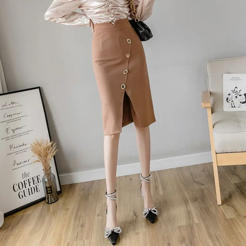 

Fashion Breasted Women Skirts High Waist Split Elegant Office Lady Slim Midi Skirt Female Plus Size Casual Pencil Skirts