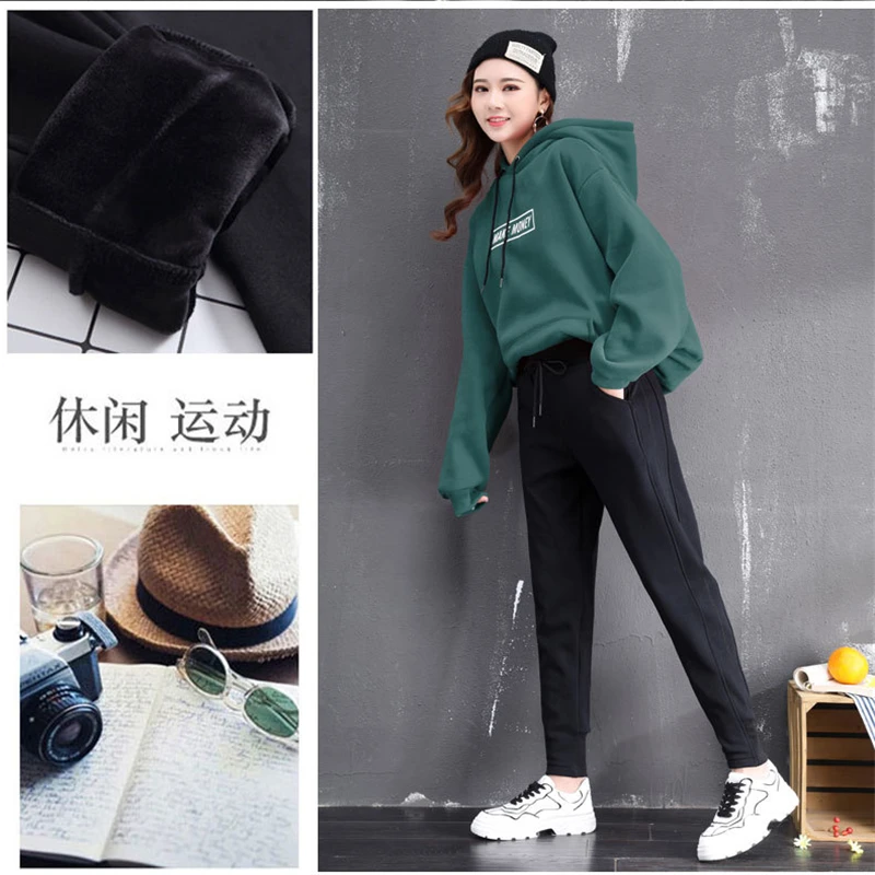 

Women sweatpants casual high waist Add Velvet women Fashion vintage button elastic high waist trousers Winter warm harlan pants
