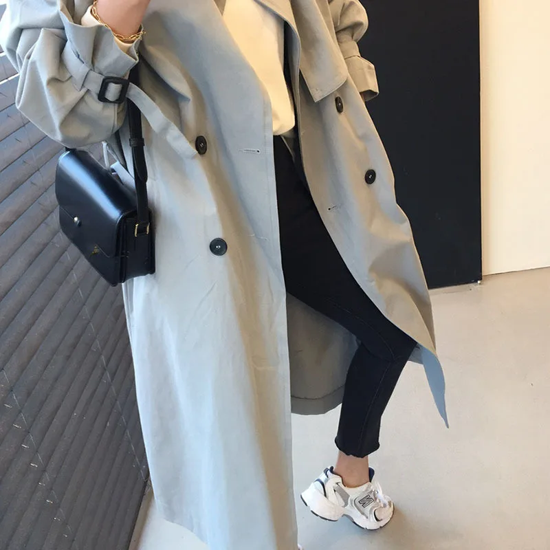 

Mid-length Women Elegant Grey Trench Coat Plus Sashes Autumn Lapel Epaulet Double Breasted Long Sleeve Loose Female Windbreaker