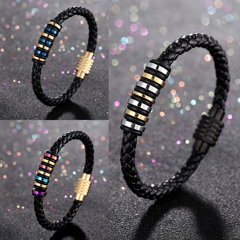 

New Stainless Steel & Real Leather Bangles Bracelets Multicolor Magnetic Braided Jewelry For Men Women 18.5cm & 21.5cm long