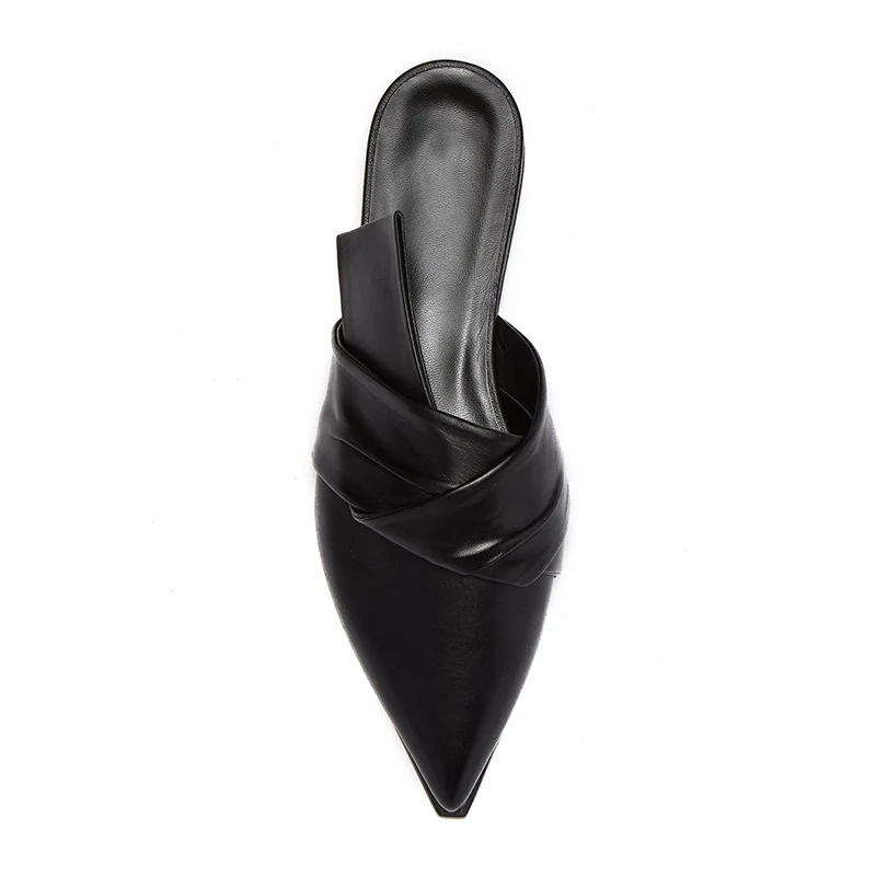 

Black Pointed Toe Mules Flat Slippers Slip On Going Out Large Size 12 16 Lady Summer Fashion Knot Detail Woman Mature Shoes FSJ