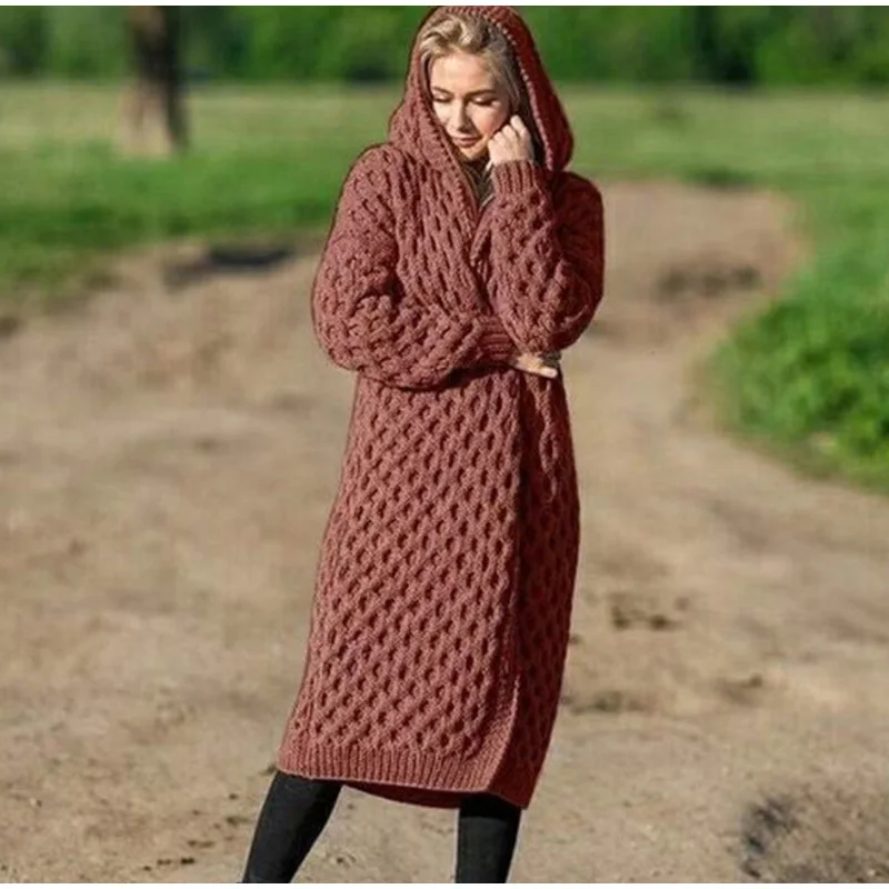 Плюс размер 5XL с капюшоном, вязаный кардиган для женщин, скрученный вязаный женский длинный кардиган, Осень-зима, свитера, пальто для женщин