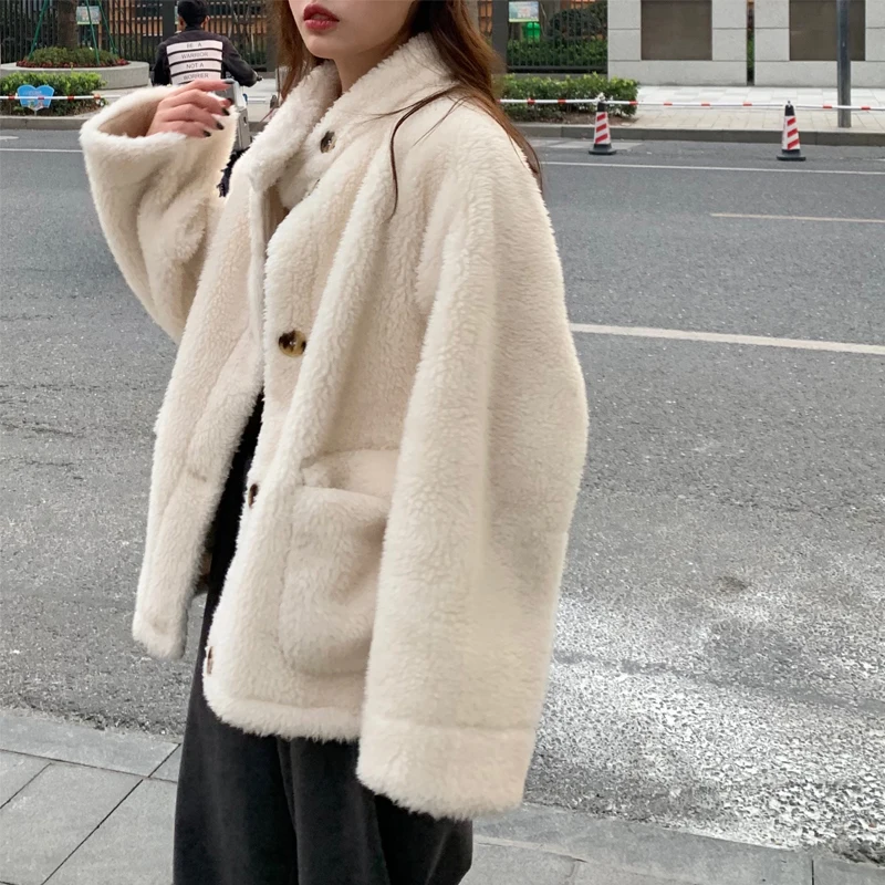 

2020 autumn and winter korean style lamb furs coats womens loose stand collar short warm jackets womens (C2929)