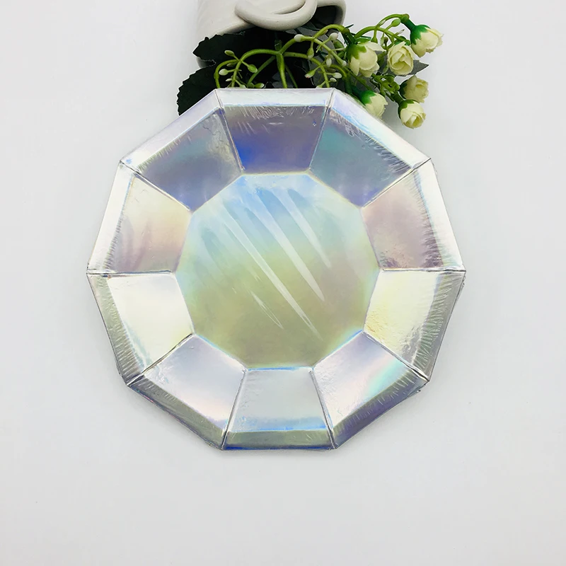 

Wholsale 24Sets Sterling Silver Party Tablewares Colorful Bright Paper Plates Cups Straws for New Years Wedding Party Decoration