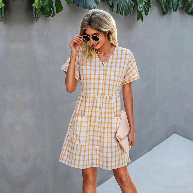 

Spring Summer Simple Plaid Dress For Women 2021 New Casual Short Sleeve High Waist Button Pocket Short Dress Female
