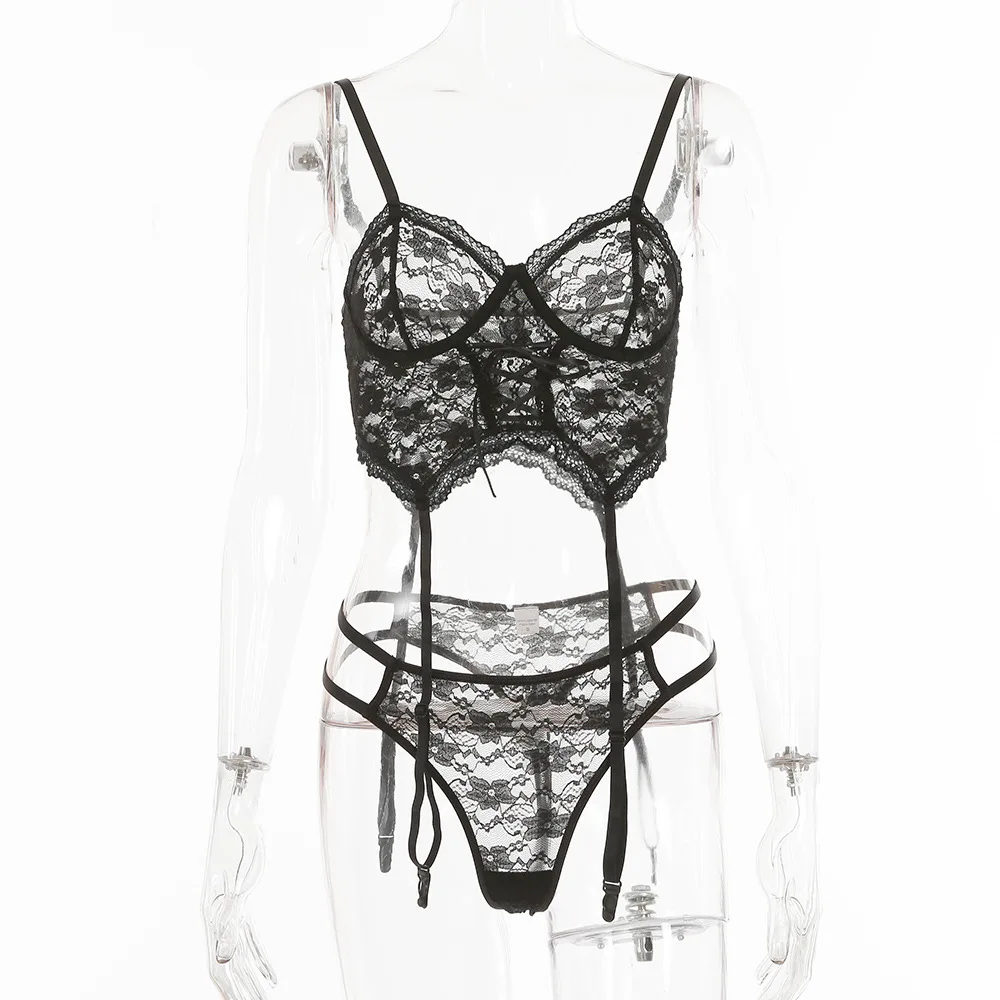 

Hollow Out Lace Up Two Pieces Women Sexy Floral Embroidery Lace Perspective Camisole Crop Top And Shorts Set