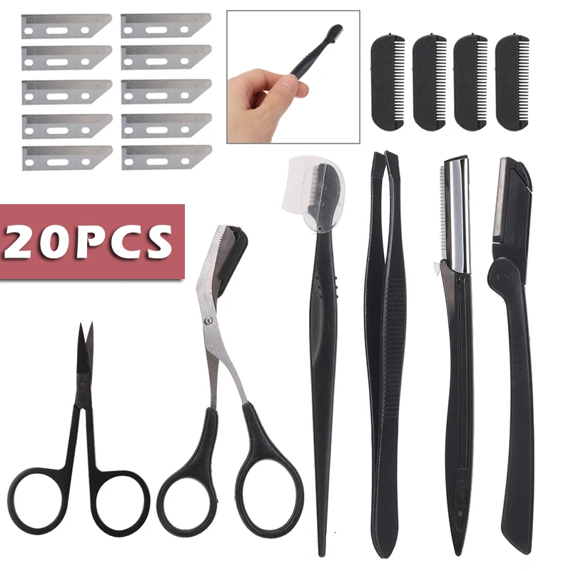 

20pcs/set Eyebrow Grooming Trimmer Kit Scissors Tweezers Brow Trimming Tool Eye Brow Shaping Knife Razor Make Up Tool