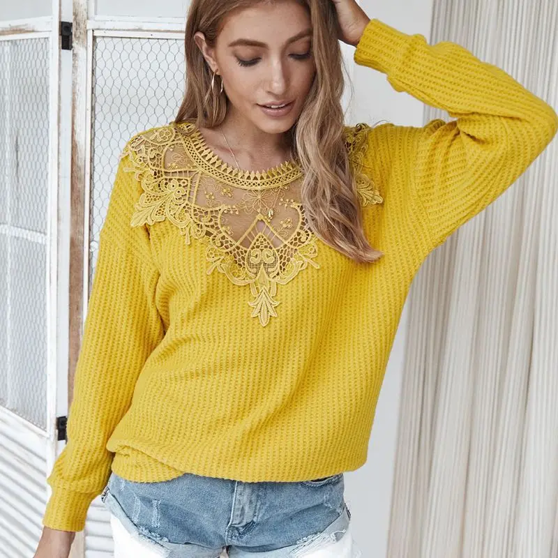 

Women Fashion Stitching Lace Sexy Classic Sweater Casual Long Sleeve Pullover Tunic Tops Round Neck Streetwear