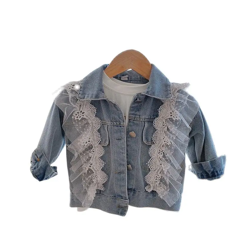 

Spring Autumn Kids Casual Jacket Girls Ruffles Lace Jeans Coats Little Kids Fashion Lovely Button Denim Outerwear Costume 12m-7y