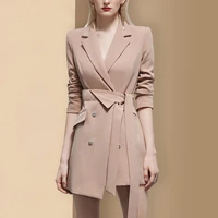women casual blazers button jackets coats notched double breasted office lady solid suits sashes elegant top blazer