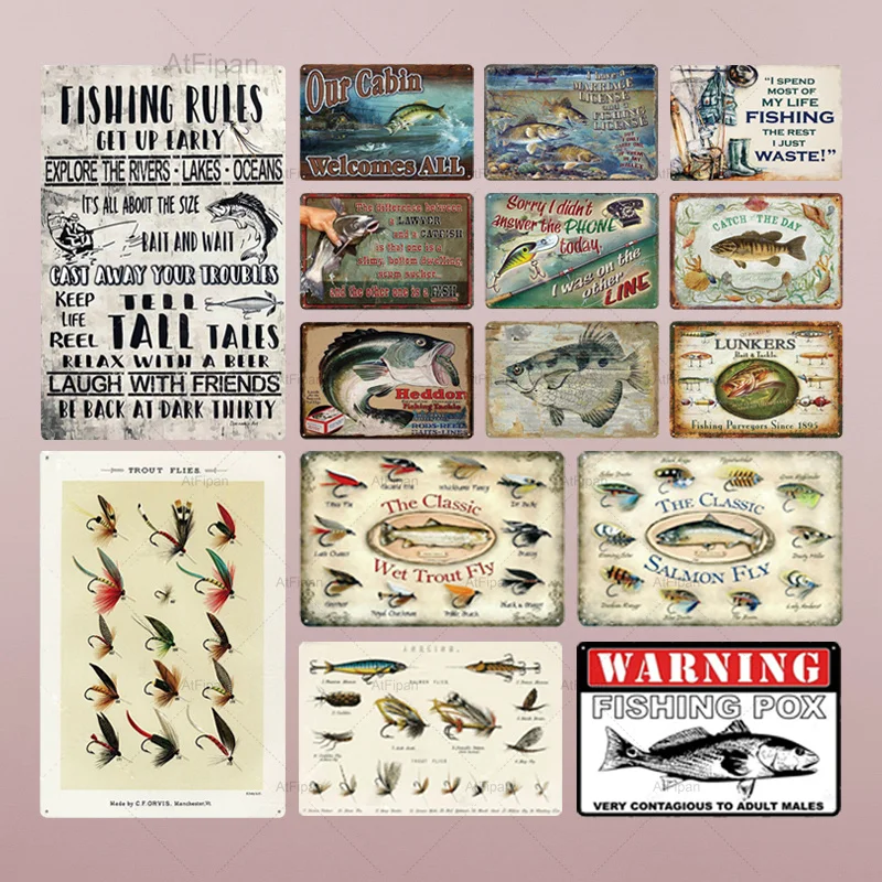 

Fishing Decor Vintage Tin Sign Retro Metal Sign Wall Decor for Lake House Cabin Fishing Gift Metal Plate