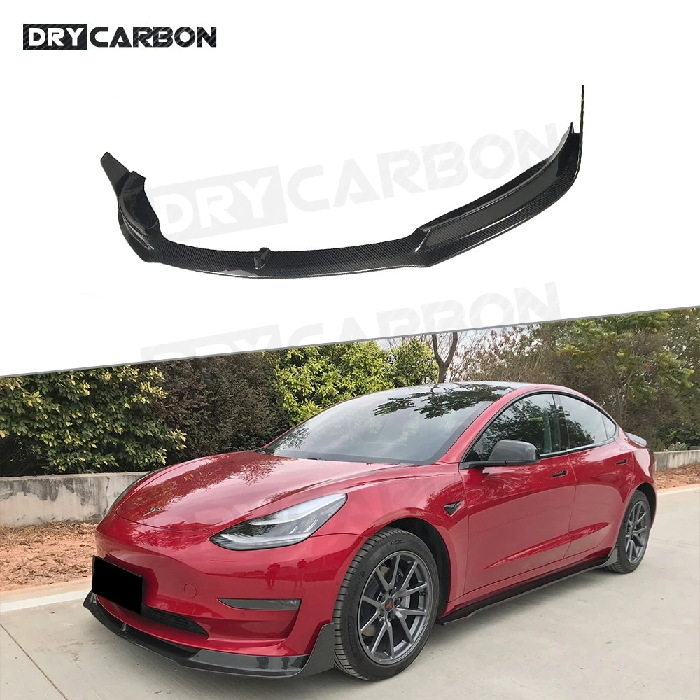 

V Style Carbon Fiber Car Front Bumper Lip Spoiler Splitters for Tesla Model 3 2018 - 2020 Body Kits Chin Portector Spoiler