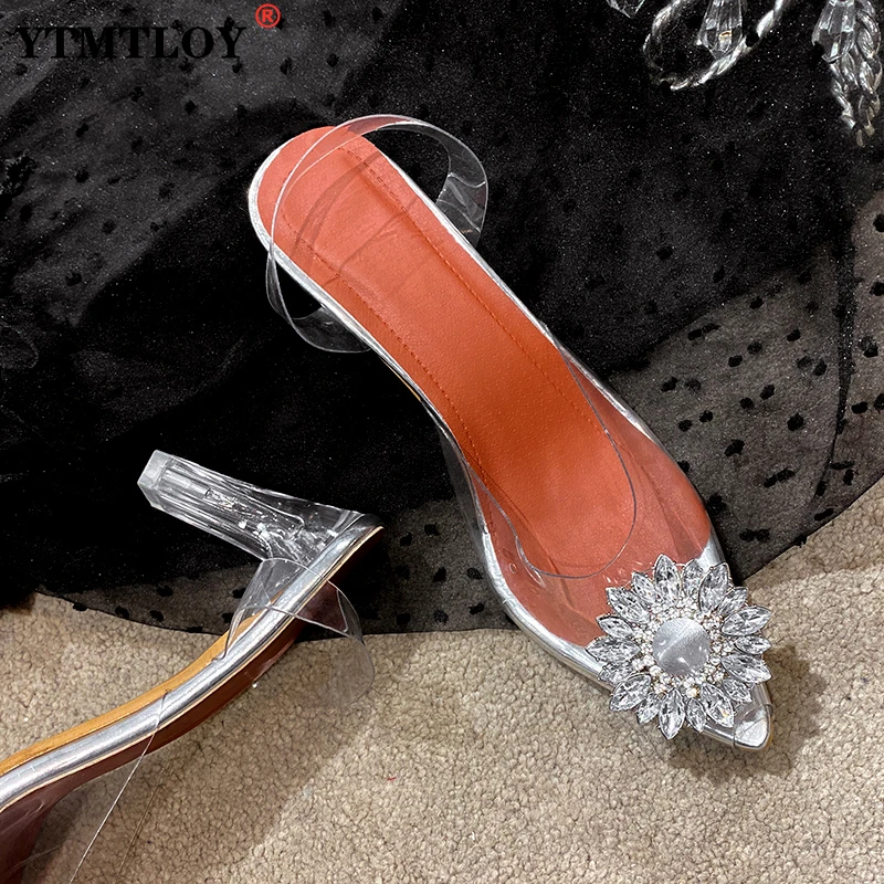 

Women Pumps Elegant Pointed Toe Rhinestones High Heels Wedding Shoes Crystal Clear Slingback Sandals Sexy PVC Slippers Slides