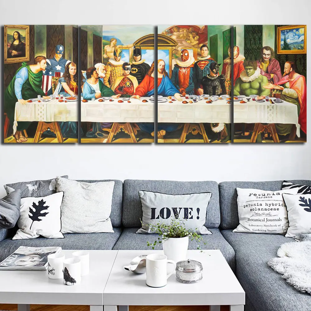 

Marvel 4 Piece Posters Print Wall Art Canvas Painting Hero And Jesus in the Last Dinner Decoration for Living Room Decor Cuadros