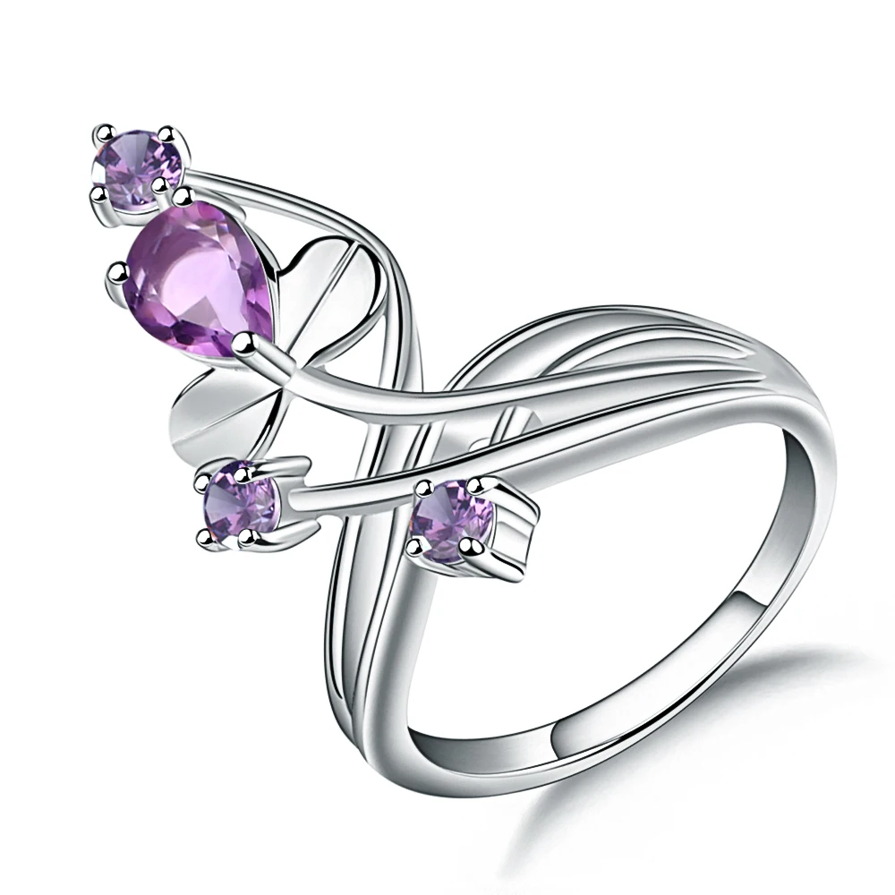 Amethyst Gem's Ballet, 0.97Ct, натуральный зеленый агат, натуральный камень, кольцо, твердый 925 пробы, Серебряный цветок, кольцо для женщин, свадебное ювелирное изделие - Цвет камня: Amethyst