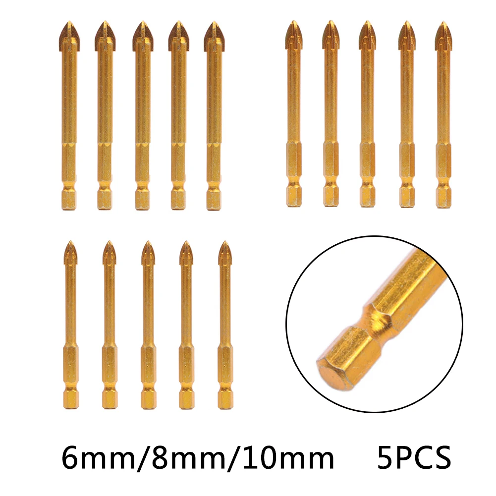 

5 Pcs Drill Bits Hex Shank Cross Spear Head Titanium For Ceramic Tile Marble Glass Drilling Cutting Woodworking Tool Accessories