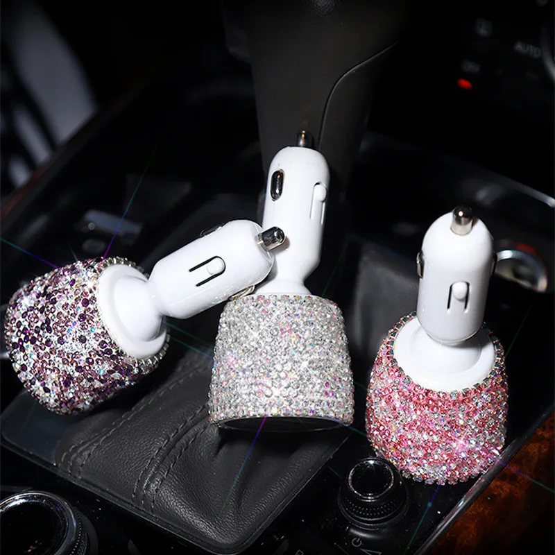 

Car Girl Woman Drivers Bling Bling AUTO Shining Charger Dual USB Cigarette Lighter For All Types Of Mobile Phone