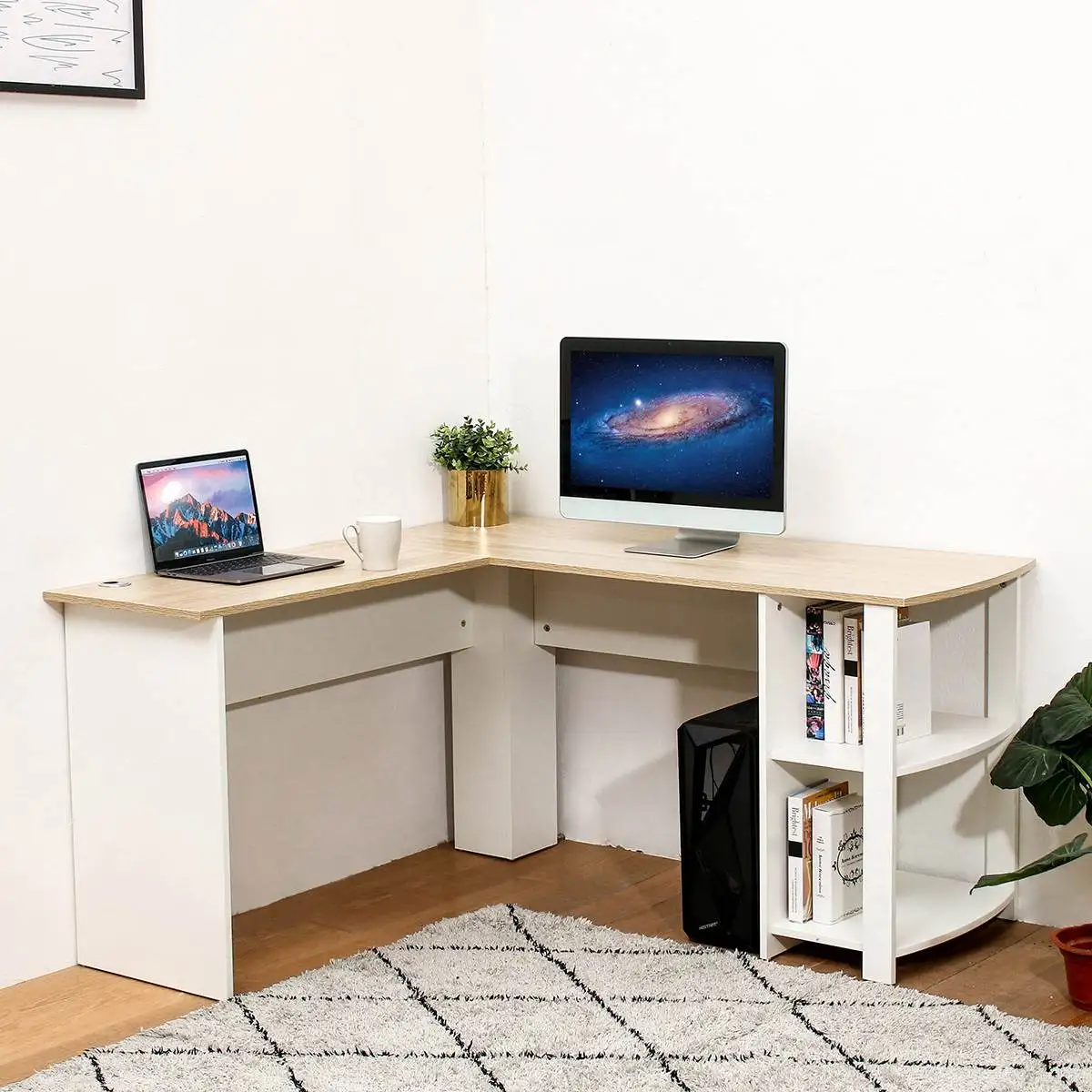 

Угловой стол для ноутбука 2 в 1, L-образный, с полками для книг, письменный стол, офисная мебель, письменный стол, доставка США