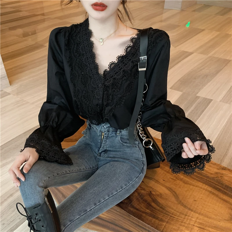 Ladies tops Blusas Women blouses Ruffle Lace V-neck Long Sleeve Loose Office Shirt White Flowers Blouses Shirt womens tops 558E