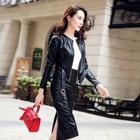 2 sets of new autumn slim short temperament pu leather suit skirt skirt two piece female leather suit jacket two piece