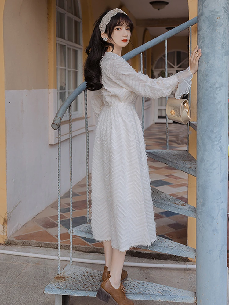 

2019 Sweet Doll Collar Tassels Feather Mandarin Sleeve Dress