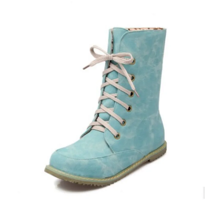 Женские бархатные ботинки на шнуровке теплые зимние до середины икры плоской