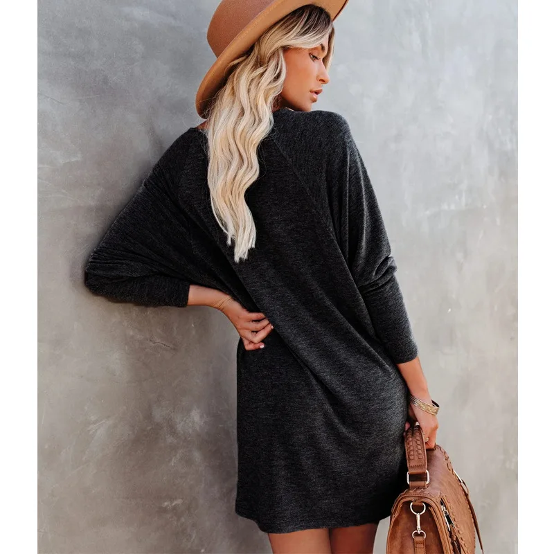 

2020 Women's Sweater Skirt Short Kintted V-Neck Dress Long Sleeve Loose Casual Autumn Winter Large Size