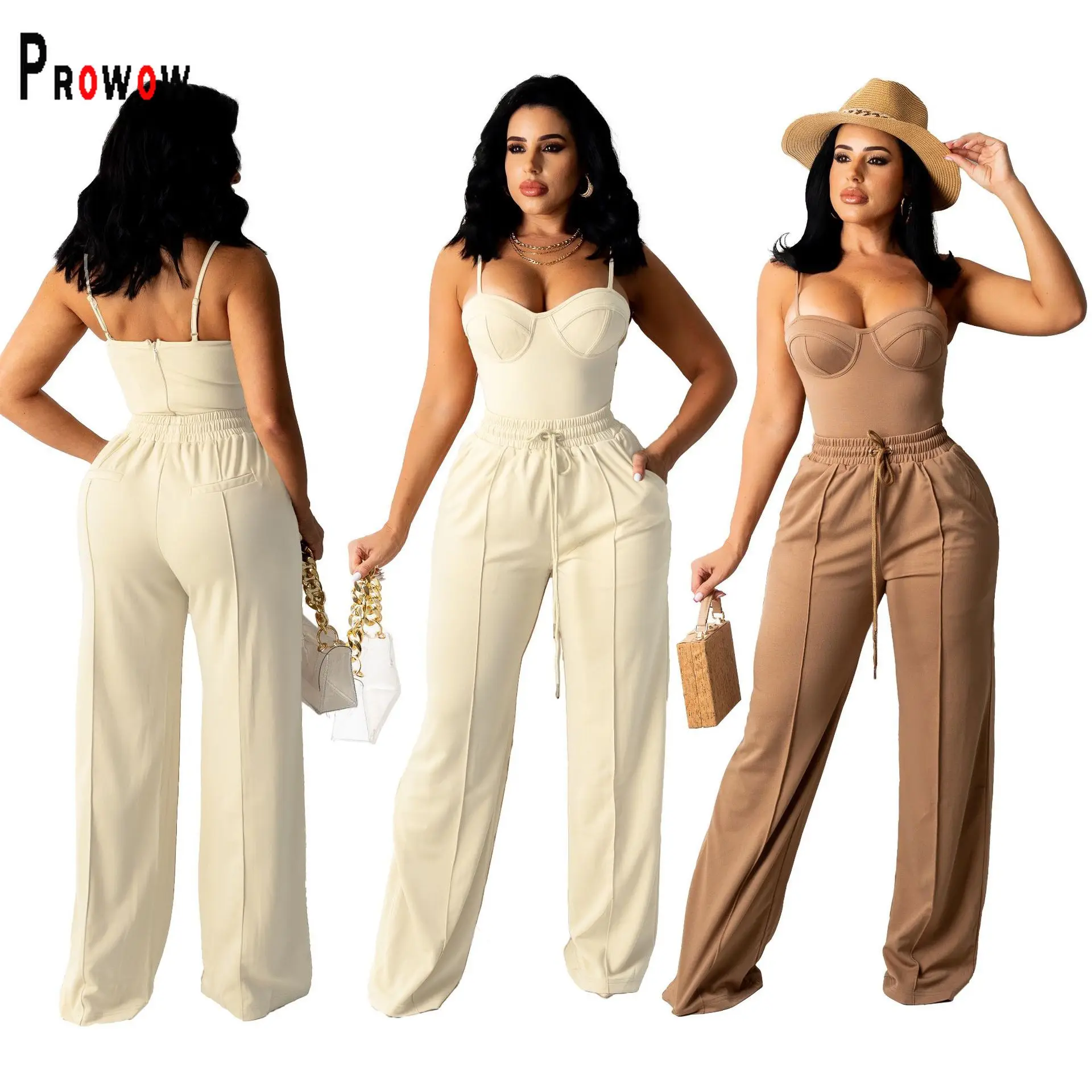 

Prowow Women Clothing Set Zipper Tank Top Wide Leg Pant Two Piece Matching Suits 2021 New Summer Fall Female Streetwear Outfit