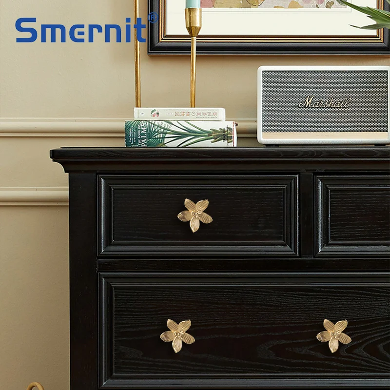 Латунь мебельные ручки в форме цветка листа тянет однотонные золотистые круглые