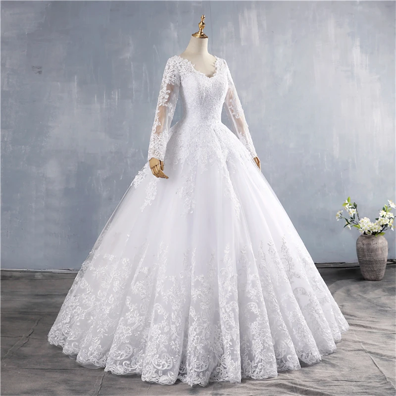ZJ9160 2019 2020 New Crystal White Long Sleeve Lace Bottom Vintage Wedding Dresses for brides plus size maxi | Свадьбы и торжества