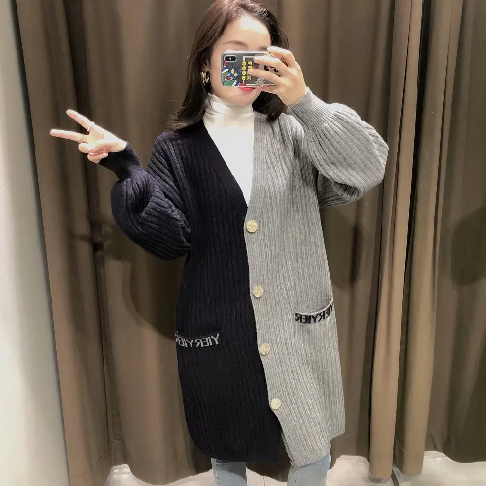 

2020 New Women Knitted Cardigan Pockets Buttons Patchwork V-Neck Long Sleeves Sweater Female Fashion Casual Women Clothes