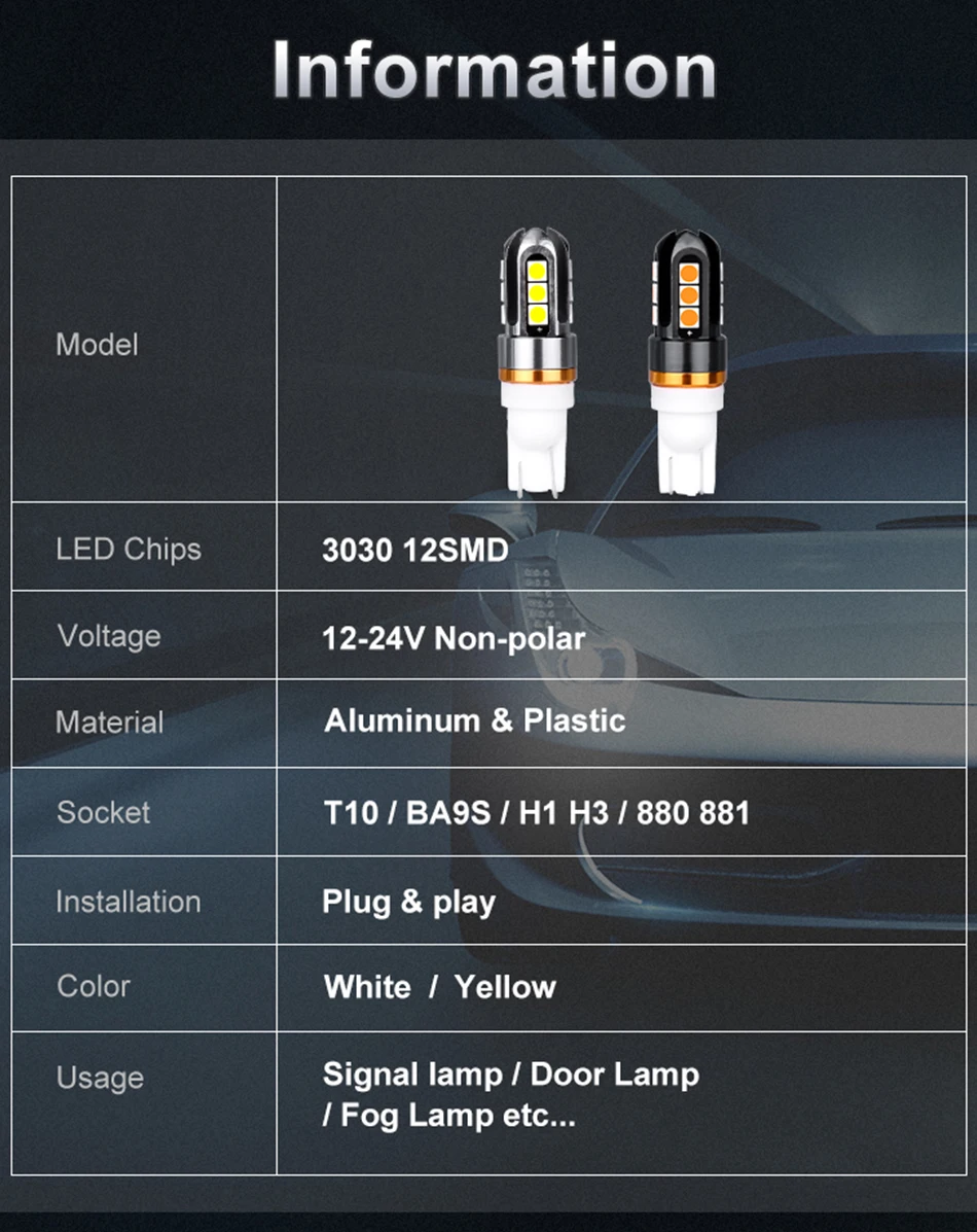 HLXG T10 светодиодный W5W 3030 168 194 авто Интерьер стоп-сигнал для чтения Габаритные огни Сигналы поворота для мотоцикла лампы 12V 24V неполярный