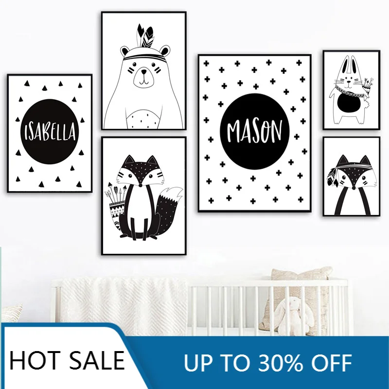 Черно-белый мультяшный медведь кролик детская кроватка настенная Картина на