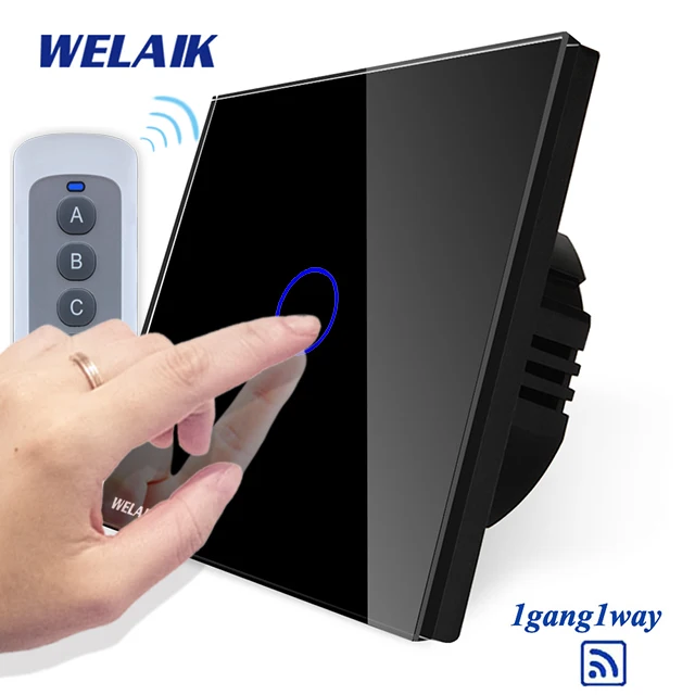 WELAIK UK RF 433MHZ настенный сенсорный выключатель-Кристалл Стекло-панель Переключатель-светодиодный светильник-пульт дистанционного управления-умный-переключатель 1ганг-1way B1913CW/BR01 - Цвет: Black Circle