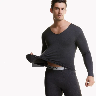 Темно-серый 4XLPlus Size Seamless Thermal Underwear For Men Thin Fleece Thermo Clothes V-Neck Slim Warm Second Skin Male Winter Long Johns - Цвет: Темно-серый