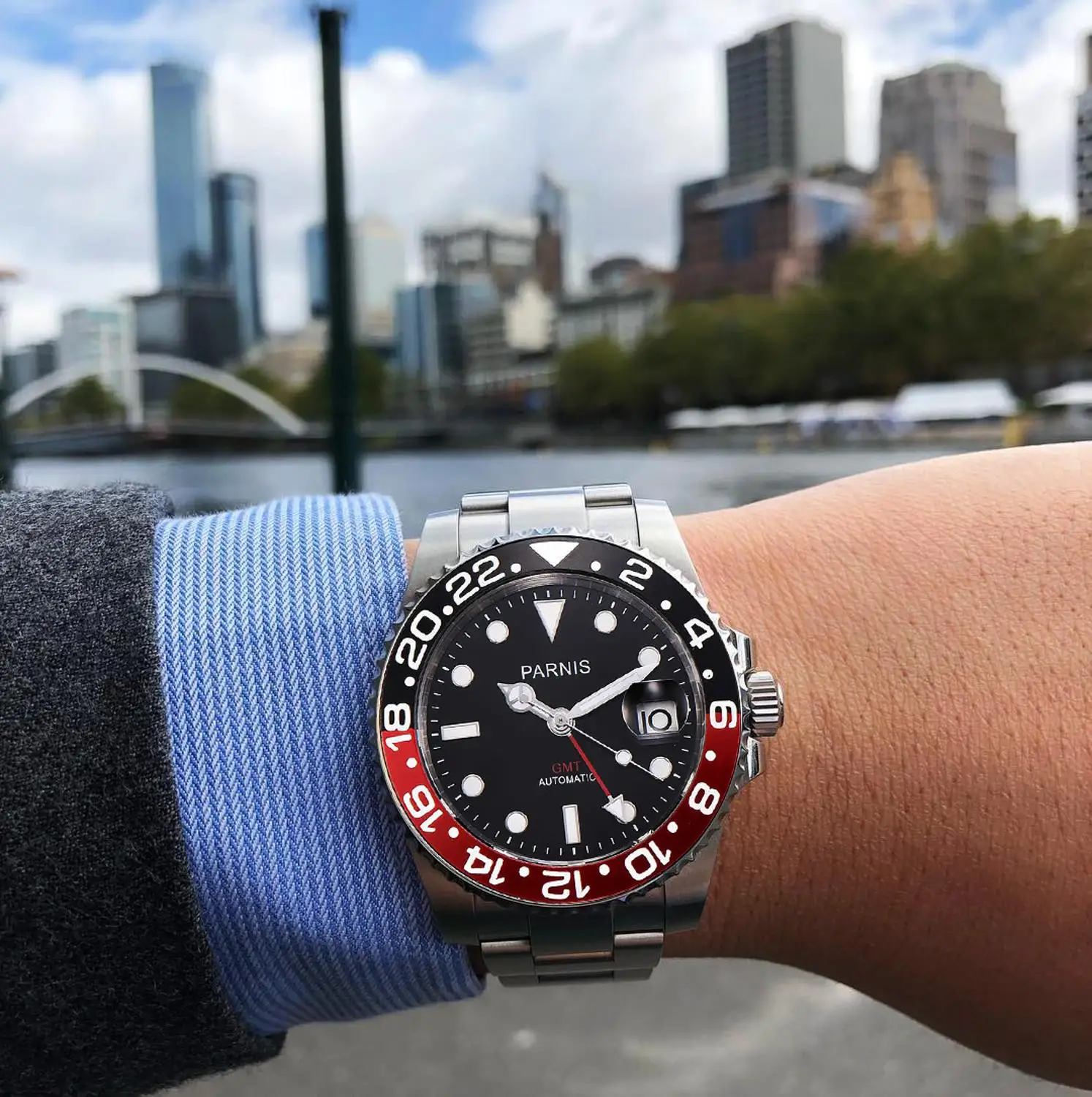 Мужские механические наручные часы Parnis синие и красные Автоматические с