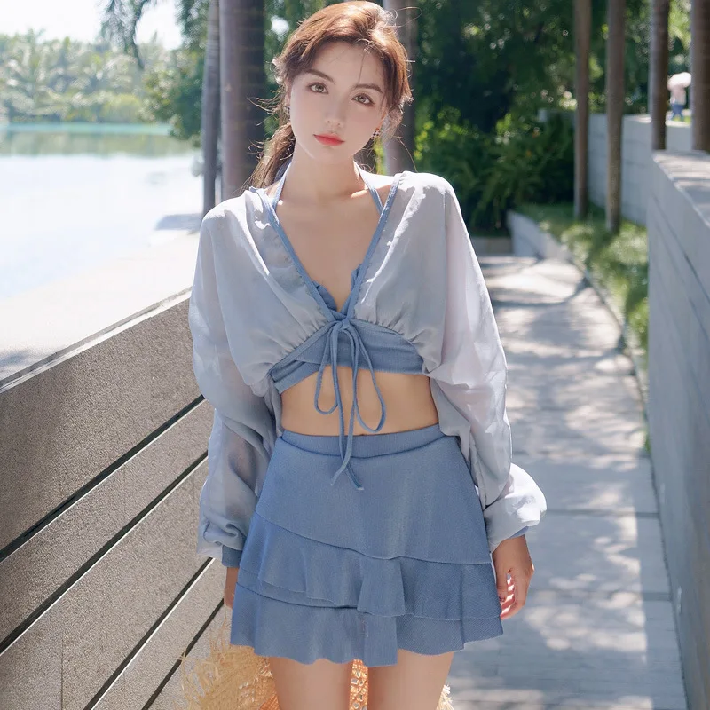 

Корейские Купальники для женщин; Большие размеры рюшами танкини 2021 пикантные 3 предмета Купальник для женщин ванный комплект юбка пуш-ап си...