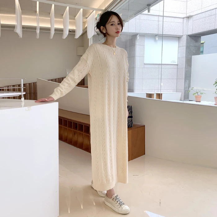 

Jumper Dresses Woman New Casual Pollover Thick Sweater Dress Women 2021 Knitted Solid Winter Korean Belt Apricot O Neck Vestidos