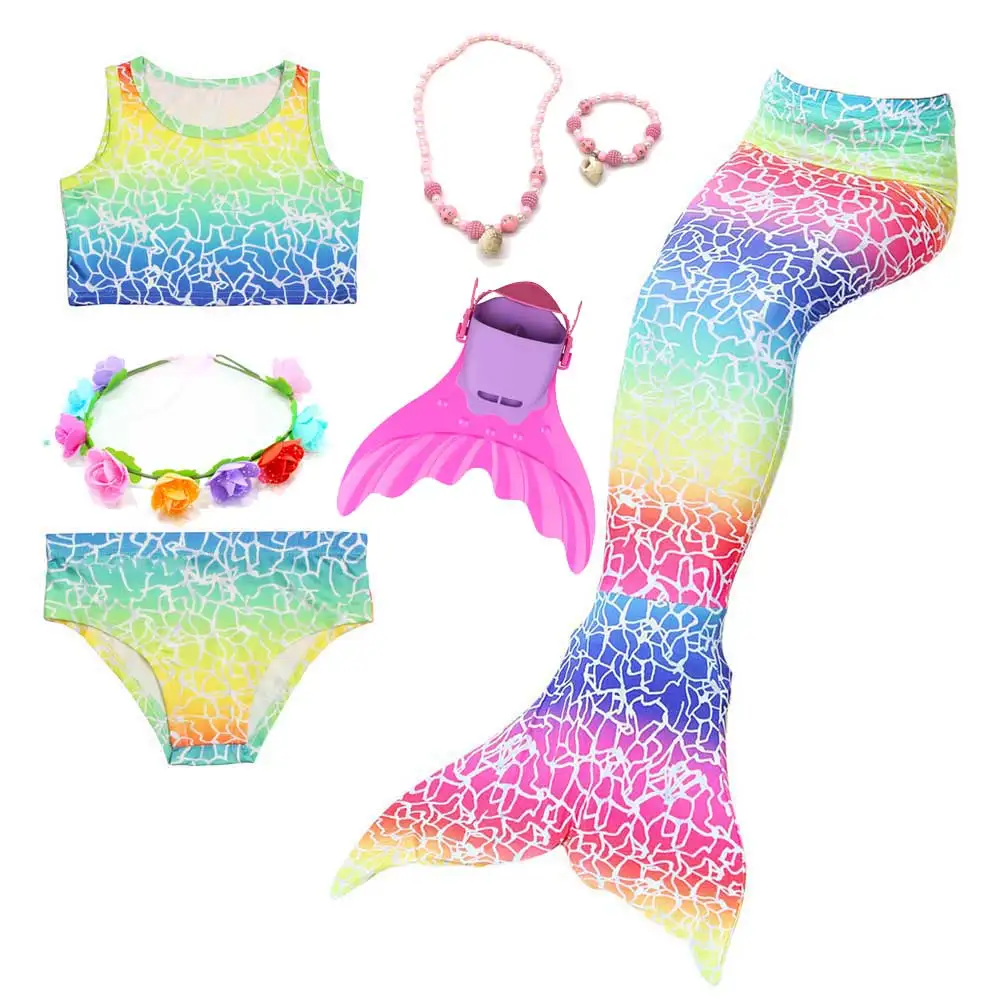 7pcs Mermaid Set 2 Дизайн; Костюм Русалки для девочек; купальный костюм или вечерние костюмы для косплея; красивое желтое бикини и хвост русалки для плавания - Цвет: 7pcs Mermaid Set 2