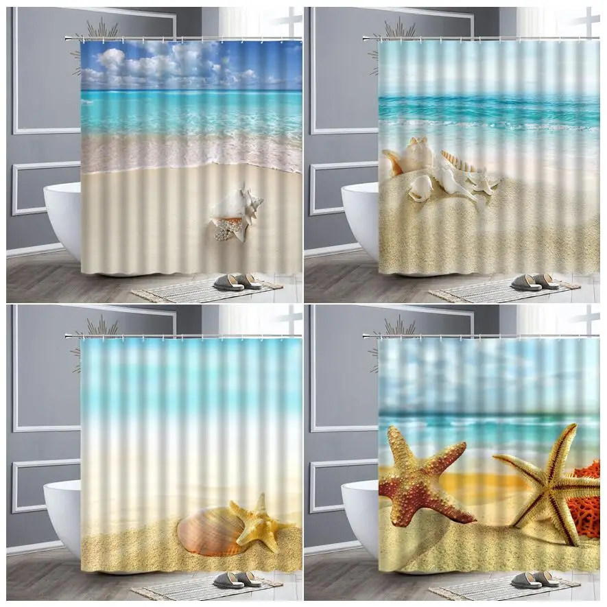 

Seas Waterproof Shower Curtain Set Starfish Conch Shell Seaside Beach Scenery Polyester Fabric Bath Curtains Home Bathroom Decor