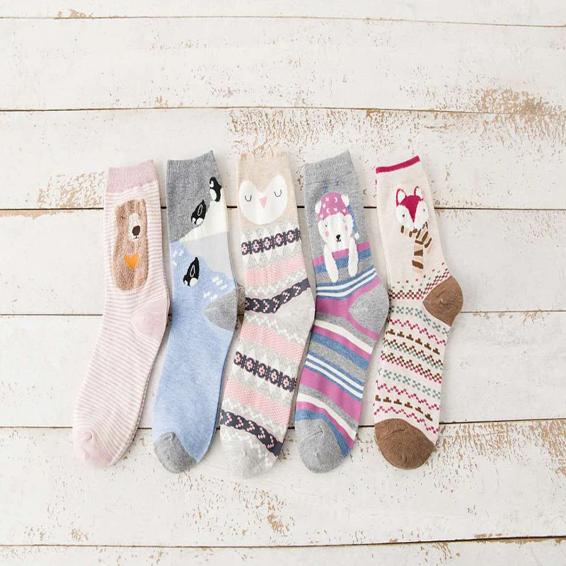 1 Pack Of 5 Pairs Of Women's Socks Sets Cute Cartoon Cat Pattern Socks Cotton Knitting Casual Comfortable Home Women Socks Sets