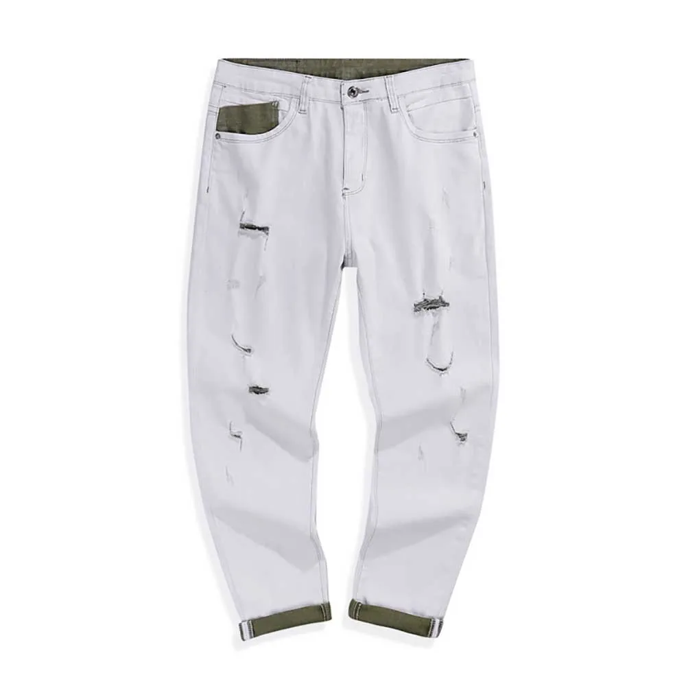 Модные белые рваные джинсы Мужские обтягивающие джинсовые штаны облегающие
